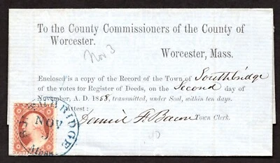 US 1858 SOUTHBRIDGE WORCESTER COUNTY MASS. OFFICIAL PREPRINTED FOLDED LETTER - Image 1 of 2