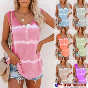 Womens Summer Tie-dye Sleeveless Tank Tops Loose Button T Shirt Blouse Plus Size - Picture 1 of 17
