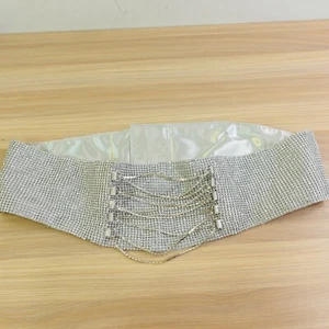 Silver Waist Cummerbund Belt Men 36 Metallic Rhinestone Mesh Studs Overlay Party - Picture 1 of 13