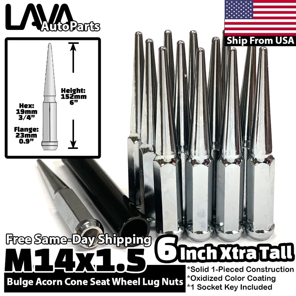 32x 6" Chrome 14x1.5 Spike Lug Nut | GMC Savana Yukon Sierra 2500 3500 Hummer H2 - Image 1 of 4