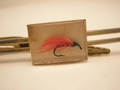 Red Fishing Fly Acrylic/Lucite Vintage LARGE HICKOK Tie Bar Clip lure rod reel - Image 1 of 3