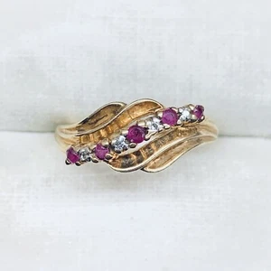 10k Yellow Gold Ruby & Diamond Anniversary Engagement Wedding Ring Band Size 7 - Picture 1 of 10