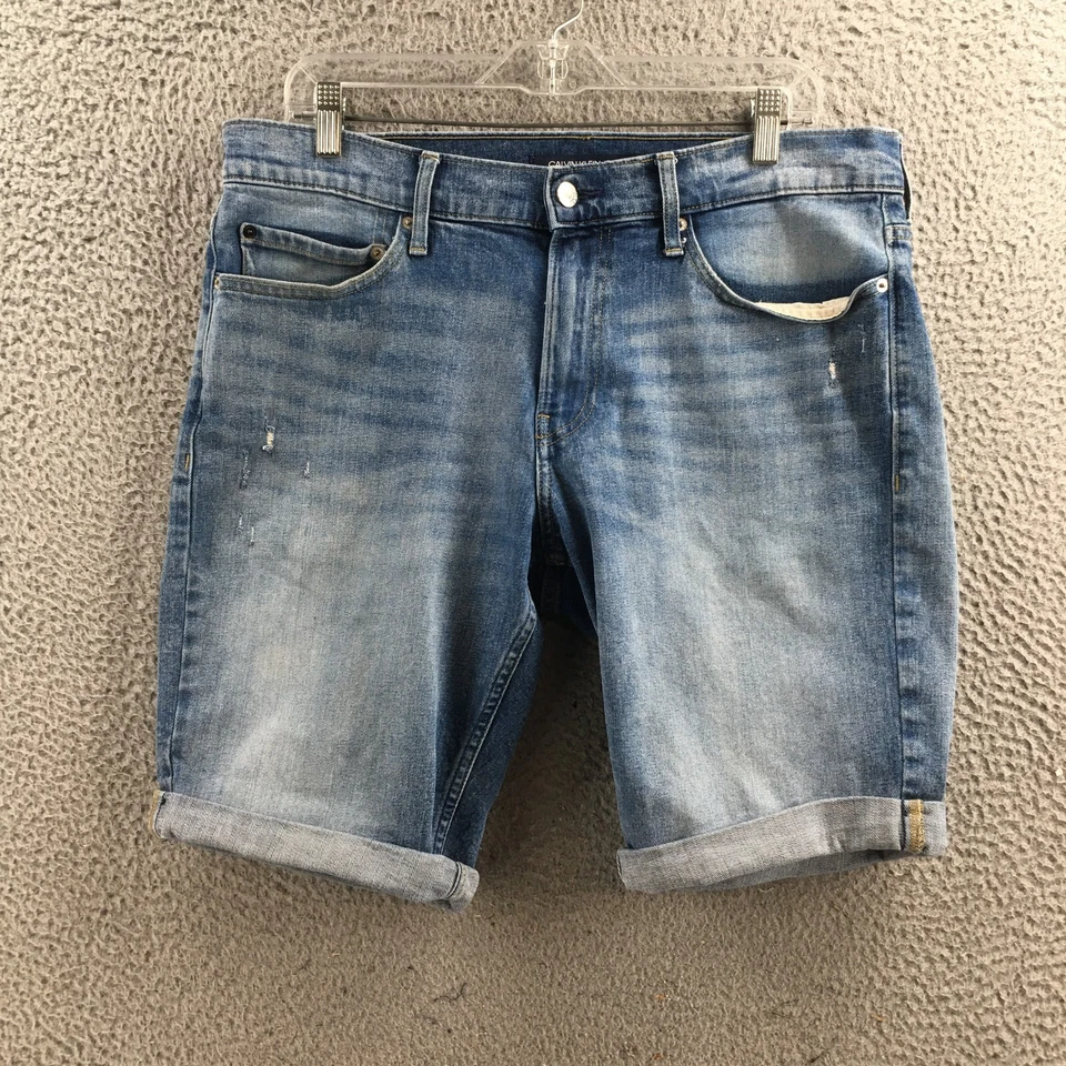 Bermudas Calvin Klein para mujer 33 (real 36x9,5) azul denim tiro alto puños Foto 1 de 4