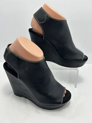 Zapatos/botines de tacón de cuña SBICCA para mujer talla 6,5 cuero negro punta abierta #O Foto 1 de 4