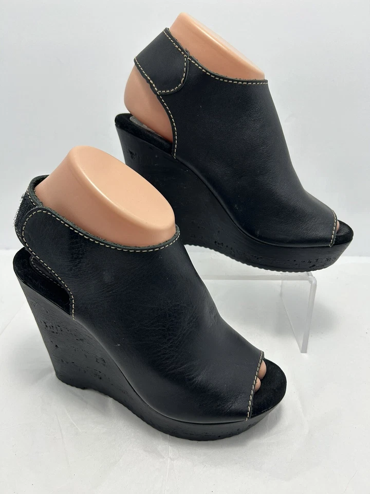 Zapatos/botines de tacón de cuña SBICCA para mujer talla 6,5 cuero negro punta abierta #O Foto 1 de 4