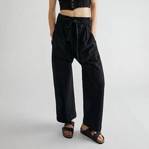 Free People Sky Rider Pants Paperbag Straight Leg Cotton Linen Black Sz M NWT - Picture 1 of 11