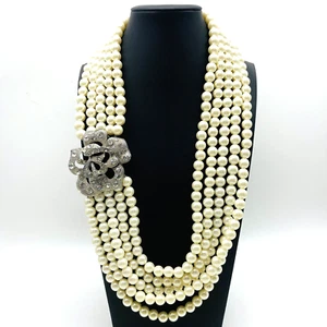 Faux Pearl Necklace Five Strands Rhinestone Rose Accent Glam - Picture 1 of 6