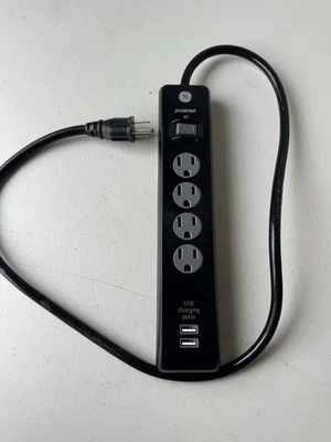 GE 4-Outlet Surge Protector Power Strip with 2 USB Ports – Black – Tested - Image 1 of 3