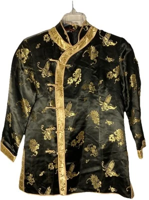 Chaqueta Corta Tradicional China 100% Seda-Negro con Brocado Floral Dorado-Talla S Foto 1 de 4