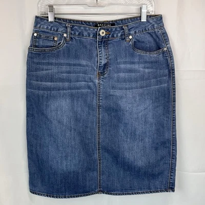 "Falda vaquera BACCINI talla 8 bolsillos azul elástico jean usada en excelente estado 32"" cintura X 22"" largo" Foto 1 de 4