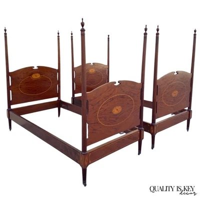 Antique Sheraton Federal Pinwheel Inlay Mahogany 4 Poster Twin Bed Frame - Pair - Image 1 of 4