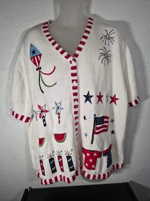 Quacker Factory White Button-Up Cardigan Patriotic Sweater Sz 3X Short-Sleeve - Image 1 of 4