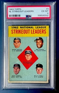 1963 Topps NL Strikeout Leaders #9 Sandy Koufax Don Drysdale Bob Gibson PSA 6 - Imagen 1 de 2