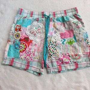 OOAK Upcycle Crafted Pull On Patchwork Shorts Hand Embroidered lace pocket S-XL - Picture 1 of 14