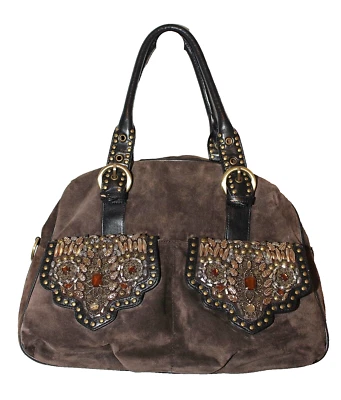 Braccialini Brown Suede Black Leather Embellished Satchel Handbag Pre-owned - Image 1 of 4