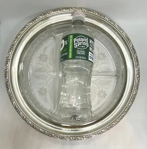Vintage Hand Etched Glass Sterling Silver Rim Large Round Serving Dish 12” - Picture 1 of 12