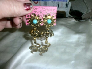 BETSEY JOHNSON SOUTHWESTERN STYLE SNAKE EARRINGS - GOLD-TONE - PIERCED - Picture 1 of 2