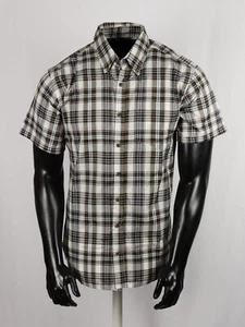 Men's Western Brown White Plaid Shirt Short Sleeve Button Up Single Pocket - Picture 1 of 5