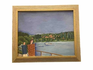 French Cubist Signed Paris canvas Lake Lac Framed - Picture 1 of 11