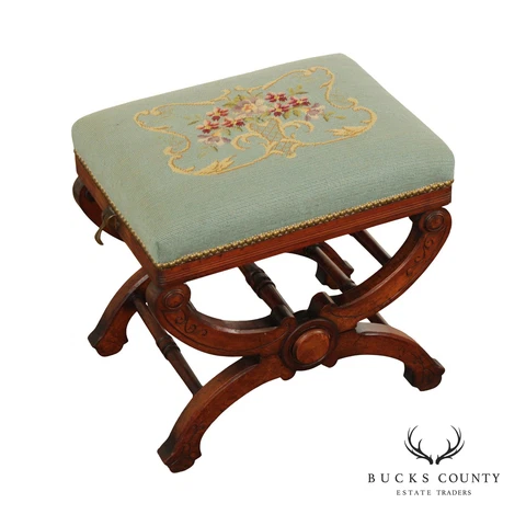 Antique 19th C. Victorian Walnut and Needlepoint Adjustable Bench Cover
