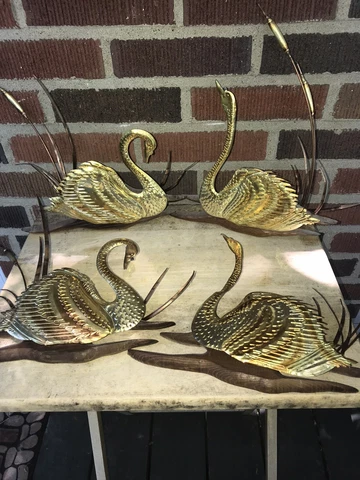 Vintage MCM lot of 4 Mid Century Brass Tin Swan Wall Hanging gold wood Cover