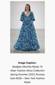 $1200 Badgley Mischka Colección RUNWAY Estampado Floral Manga Puff Maxi Vestido - Imagen 1 de 20