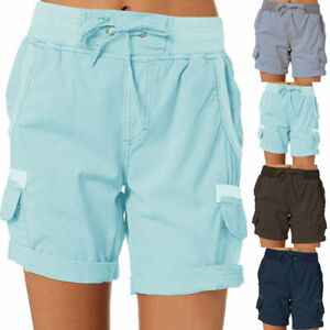New Womens Cargo Pants Shorts Cotton Line Elastic Waist Shorts Soft Comfortable