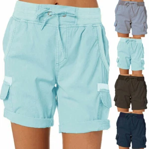 Womens Cargo Pocket Short Pants Summer Beach Elastic Waist Shorts Linen Cotton* - Picture 1 of 42