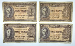 4 x 1941 Malaya One 1 Cent, George VI, 4 notes - Imagen 1 de 2