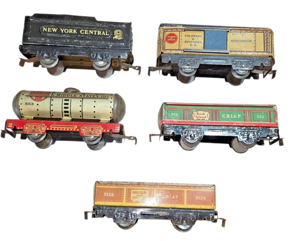 Lot Of 5 Vintage 0/027 Gauge Marx Freight Cars Tin Plate Lithograph Post War Old - Image 1 of 4