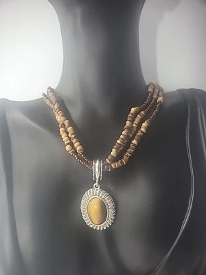 Collar Avon Vintage Madera Cuentas Multi Hilo Ojo de Tigre Colgante Joyería Foto 1 de 4