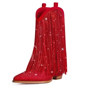 Red Cowboy Boots for Women - Cowgirl Rhinestone Boots with Sparkly Fringe Poi... - Picture 1 of 9