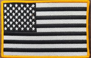 American USA Flag Iron-On Patch Black & White 6 x 4 Version Tactical Gold Border - Picture 1 of 1