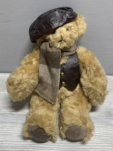 Vintage 1989 June schwarzer Künstler Teddybär signiert 29/30 Lederweste Baskenmütze Schal - Bild 1 von 12