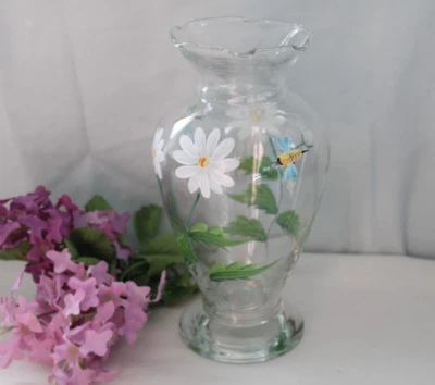 Jarrón de vidrio pintado a mano abejorro borde con volantes abejorro y flores Foto 1 de 4