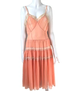 Vintage Apricot Peach Dress 1950's Romantic Petticoat Nylon Lace Tiered Skirt - Picture 1 of 6