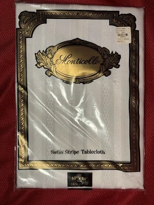 Monticello Satin Rectangular White Stripe Tablecloth 60 x 84 Oval NOS - Image 1 of 4