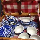 Vintage, Occupied Japan, Blue Willow, 19pc Child’s Tea Set -Wicker Picnic Basket