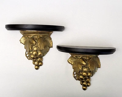  VTG Mahogany Wood & Brass Wall Shelf Grape Cluster Leaves w/Plate Groove - Pair - Image 1 of 4