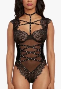 NWT Dreamgirl Studded Mesh Velvet Lace Teddy Thong Lingerie. Black. S NWT - Picture 1 of 20