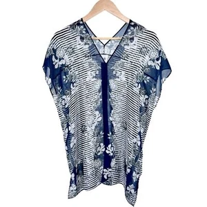 CAbi Yacht Sheer Blouse Sz M Navy Blue White Stripe Floral Pullover Cap Sleeve - Picture 1 of 15