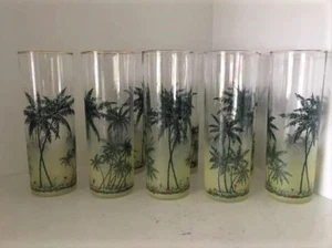 Set of 8 Vintage Yellow Frosted Palm Tree High Ball Cocktail Glass Tumblers - Picture 1 of 4