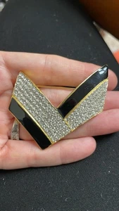 Vintage Les Bernard Signed Brooch Gold-Tone Clear Rhinestones Black Geometric - Picture 1 of 9