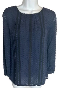 J Crew Blue Top 6 S Chenille Lace Accent Long Sleeve Semi Sheer Blouse - Picture 1 of 5
