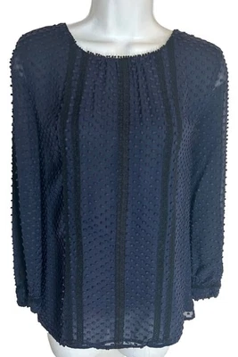 J Crew Blue Top 6 S Chenille Lace Accent Long Sleeve Semi Sheer Blouse - Image 1 of 4