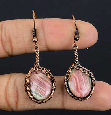 Rhodochrosite Gemstone Copper Wire Wrap Handmade Beautiful Jewelry Earrings - Image 1 of 4