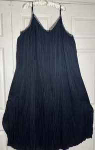 Vtg H&M Sz 3XL Black Lace Trimmed Pleated Crinkle Maxi Dress Womens Lounger Gown - Picture 1 of 7