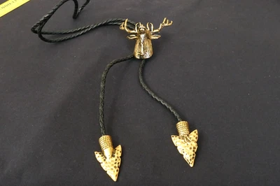 ML Design Bolo String Tie Gold-Tone Arrowhead Tips 3-D High Relief Elk Slide 36" - Image 1 of 4