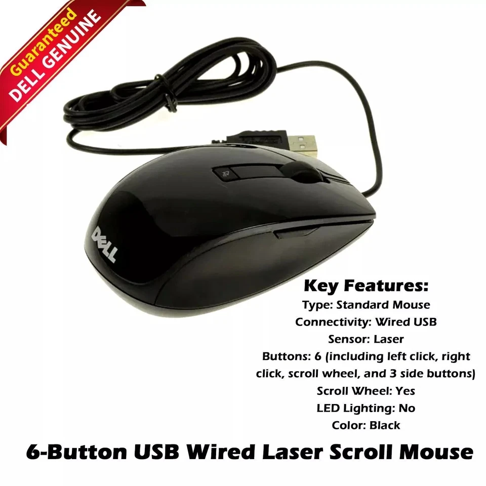 Dell New Black Premium 6-Button USB Laser Scroll Mouse V7623 J660D - Image 1 of 1