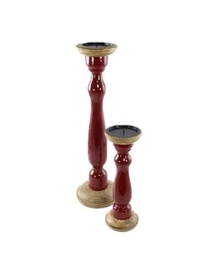 CANDELIERE IN LEGNO LACCATO ROSSO/ORO - SET 2 PZ - H.50/H.30 CM - Foto 1 di 1